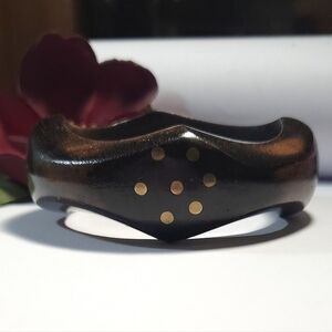 Vintage Wooden & Brass Floral Bangle Bracelet Chunky Bangle Bracelet